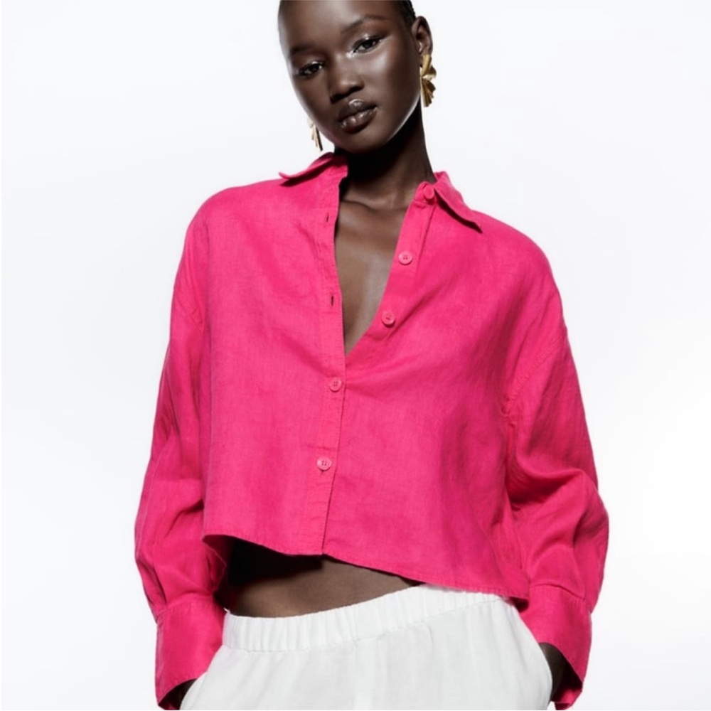 Zara Magenta Fuchsia Cropped Boxy Button Down Linen Shirt